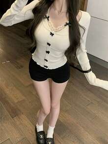 Áo len dệt kim 2 trong 1 thắt nơ, áo hai dây ren gợi cảm để mặc ngoài cho nữ mùa xuân - Màu be - Xem 2