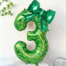 2pcs/Set 40 Inch (101.6cm) Green Pixel Miner Digital Balloon + Green Bow Balloon Set, Green Pixel Theme Round Foil Balloon, Suitable For Birthday Party, Anniversary, Graduation, Mother's Day, Video Game Party Decor (0-9) - Green Grid - View 10