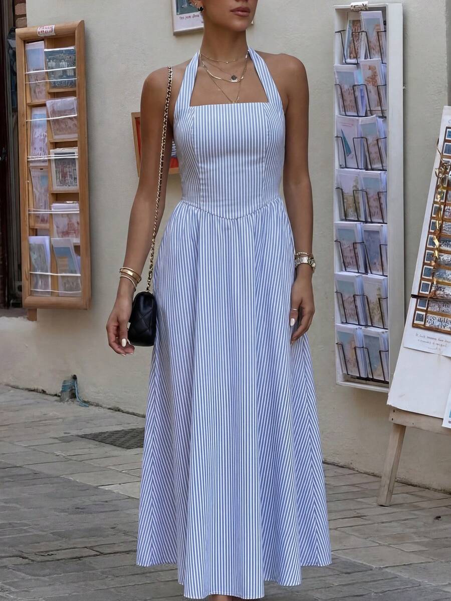Women's Striped Ruffle Elegant Halter Neck Dress - Blue - View 1