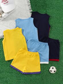 4pcs/Set Summer New Baby Boy Letter Print Striped Trim Vest And Shorts - Multicolor - View 2