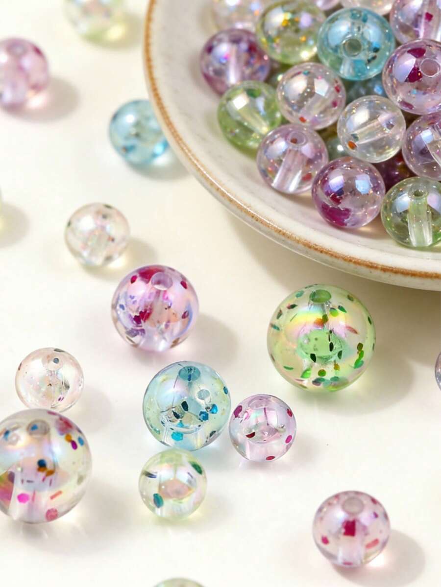 300-1000pcs Acrylic Beads, Transparent Coated Iridescent Round Beads, DIY Jewelry Making Materials For Necklace, Bracelet, Earrings, Pendant