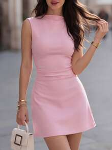 Women's New Spring/Summer Pink High Neck Sleeveless Mini Dress - Ruched Bodycon Fit, Suitable For Valentine's Day Party, Cocktail Party And Daily Wear - Pink - View 7