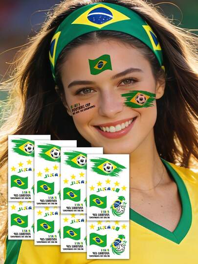 6张巴西国旗图案临时纹身贴纸，足球运动主题，适用于球迷聚会、节日派对、比赛装饰