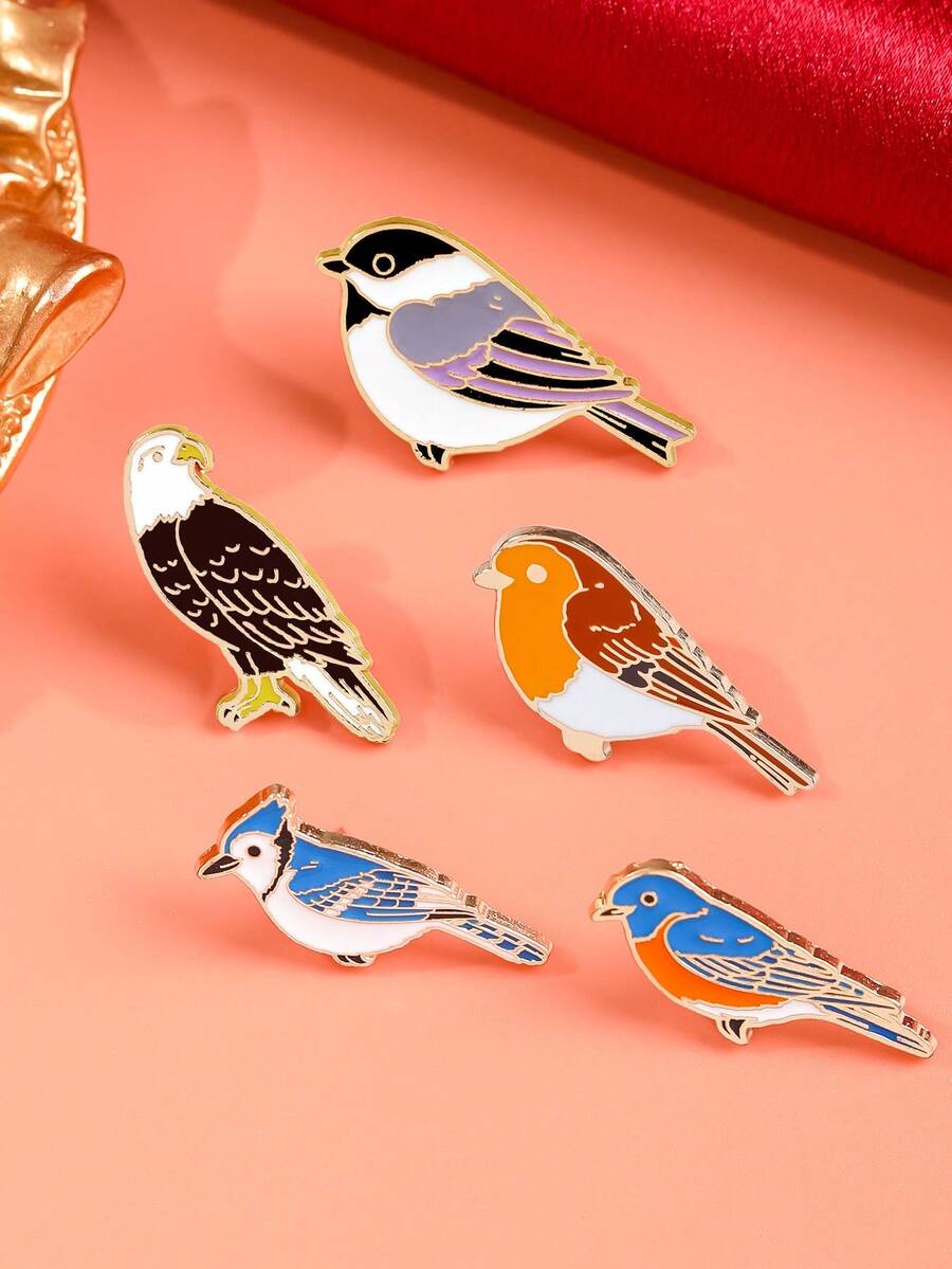1/5pcs Cartoon Colorful Bird Brooch Set, Cute Eagle, Magpie, Small Bird Enamel Badge Pin, Unique Accessory For Bag, Gift, Holiday - Multicolor - View 1