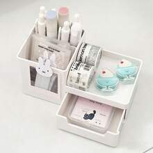 Caja de almacenamiento multifuncional de escritorio con forma de conejo lindo, con cajones y marco de fotos - Organizador de escritorio multiusos para papelería, cosméticos y artículos pequeños - Organizador de escritorio/dormitorio de tono rosa para oficina - Portalápices con compartimento - Ver 9