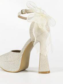 Women's High Heel Sandals, Platform, Pointed Toe, Bow Decor, Strap, Satin, White Closed Toe, Comfortable & Breathable, Suitable For Daily Wear & Dates - Light Gold - View 9