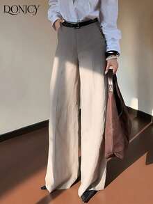 DONICY 女士春夏新款下装，纯色高腰直筒口袋裤，时尚复古优雅简约百搭套装裤，适合日常休闲、办公通勤、约会、购物、展览等场合。 - 卡其色 - 查看 2