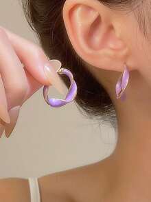 1 Pair Fashionable Colorful Enamel C-Shaped Hoop Earrings, Unique Geometric Design, Minimalist Versatile Jewelry For Women, Suitable For Daily, Dates, Parties, Great Gift For Girlfriend - Multicolor - View 13