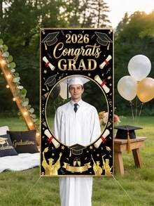 1pc - Customized 2026 Graduation Photo Backdrop Banner, Black Background With Gold Text, Personalized Polyester Fiber Photo Background For Outdoor Events And Entrance Decor, Diploma, Graduation Cap, Graduate Silhouette Design, Suitable For Graduation Ceremony Celebration - Multicolor - View 4