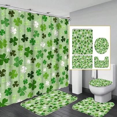 圣帕特里克节三叶草图案1/4件套浴帘套装，绿色节日浴室装饰，防水布浴帘套装，含12个挂钩、防滑浴室地垫、U型马桶垫、马桶座套，是圣帕特里克节的完美礼物之选。