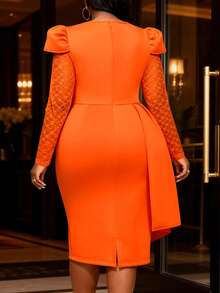 Plus Size Women's Orange Rhinestone Embellished Mid-Length Dress, Lace Long Puff Sleeve, Elegant For Cocktail Party, Wedding And Other Occasions Spring - Orange - View 3