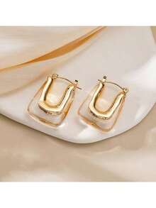 1 par de pendientes retro elegantes con forma de U, superficie dorada de moda, incrustados de resina, accesorio versátil para uso diario, regalo perfecto para mujeres - Multicolor - Ver 9