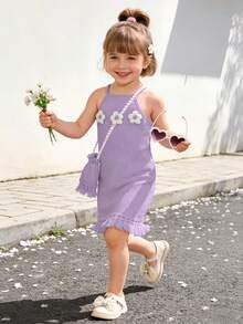 女童夏季无袖连衣裙，含斜挎包配件，流苏装饰，面料柔软舒适，适合4-7岁儿童。 - 淡紫色 - 查看 2