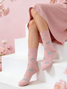 1 đôi tất unisex họa tiết voi hồng dễ thương, kiểu dáng thường ngày, dài đến bắp chân, phù hợp cho cả nam và nữ, phong cách đường phố, mọi mùa. - Hồng - Xem 1