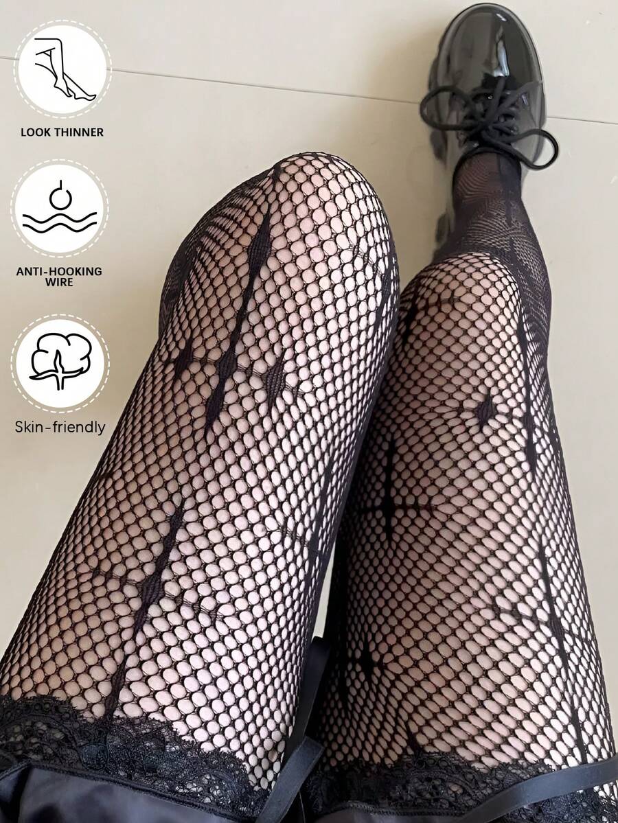 Women's Y2K Style Sexy Girl Cross Net Pantyhose, Retro Fishnet Tights, High Elasticity & Snag-Resistant - Black - View 1
