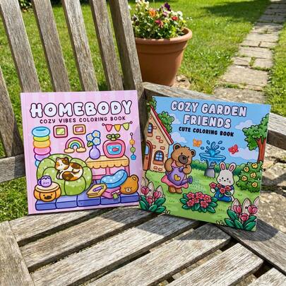 1 Set HOMEBODY & COZY GARDEN FRIENDS Libro para Colorear: Adorables escenas kawaii del hogar y el jardín, ideal para adolescentes y adultos para aliviar el estrés, regalo perfecto para la temporada de bodas y el Día de la Madre