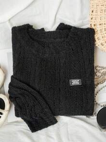 Suéter de punto de cable con manga larga y diseño hueco, estilo coreano casual y versátil en color gris, ligero y holgado para usar como prenda exterior en otoño temprano y como capa en primavera - Negro - Ver 5