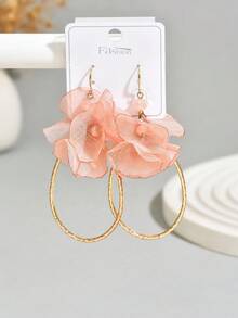 1 Pair Elegant Fabric Flower Long Earrings, Suitable For Daily Wear (Bead Color Random) - Pink - E1334 - View 3