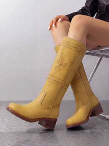 Women's Knee High Boots Pull-On Tall Shaft With Western Stitching Vintage Style Comfortable Square Toe Boots For Women - 黃色 - 查看 5