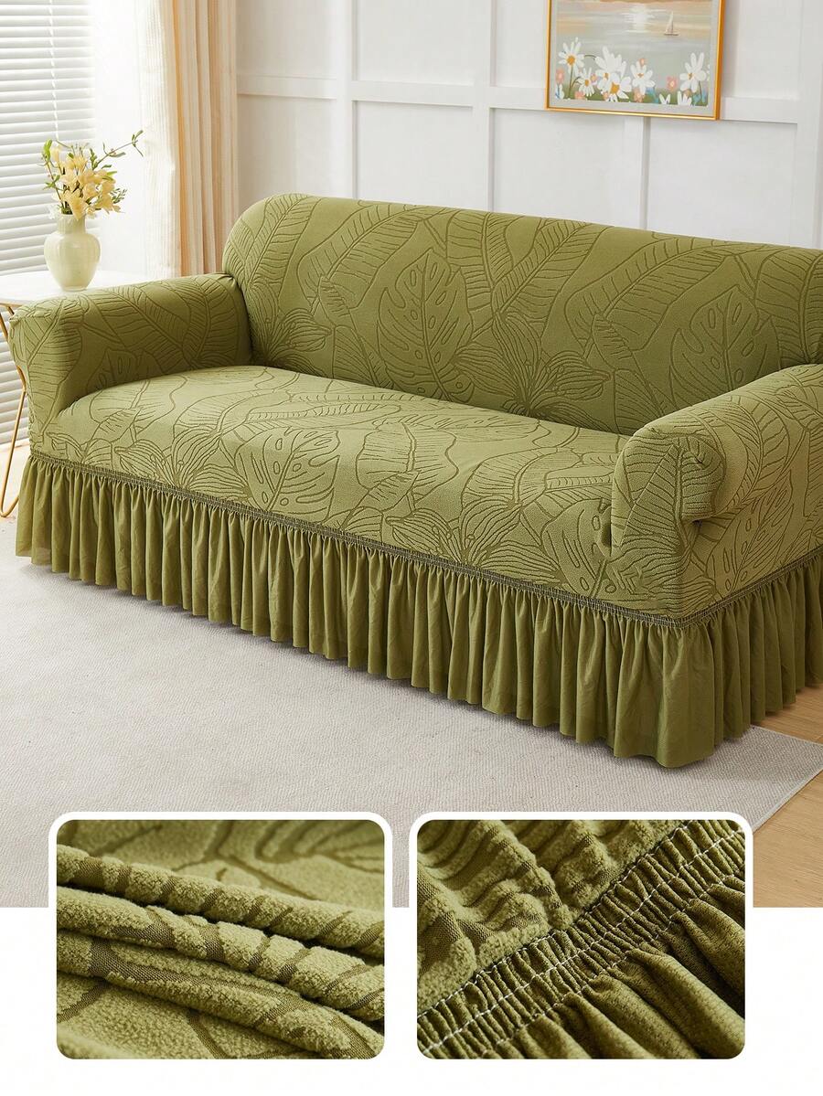 1pc Jacquard Leaf Pattern Ruffled Elastic Sofa Cover, Dust-Proof And Dirt-Resistant, Stretch Full Coverage Sofa Protector, Home Decor, Machine Washable, Pillow Cover Not Included - Army Green - View 1