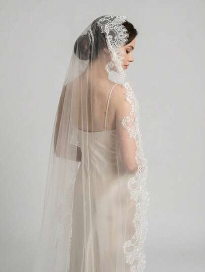 3 Meters Cathedral Length Wedding Veil | Delicate Lash Lace Trim | Ivory Elegant Trailing Veil | Includes Comb Bridal Headpiece