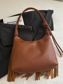 新款复古流苏手提包，时尚简约休闲大容量斜挎单肩包 - 棕色 - 查看 10