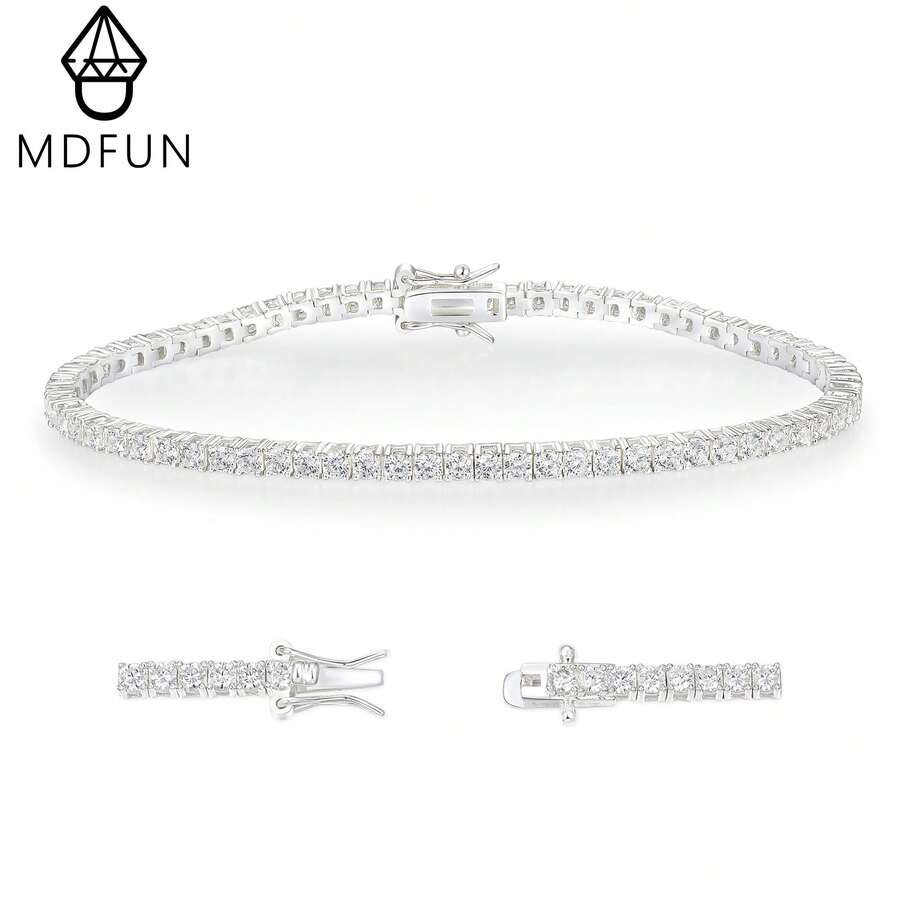 MDFUN 2.5毫米立方氧化锆925纯银镀18K金女士网球手链