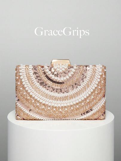 Elegant/Pearl Pattern Design Box-Shaped Clutch Bag, Evening Bag, Romantic Wedding Handbag, Charming/Exquisite Evening Dress Bag, Shiny White Box Purse For Women, Comes With Metal Chain, Ideal Gift For Holidays