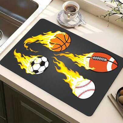 1pc Flaming Ball Pattern Kitchen Countertop Mat, Drainage Mat, World Cup Decor Mat, Washing Machine & Dryer Top Protector, Diatomite, Washing Machine Dust Cover, Kitchen Accessories, Anti-Slip, Suitable For Laundry Room, Bathroom, Home Decor And Room Decor