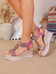 2025 New Bohemian Platform Wedge Sandals For Women, High Heel Thick Bottom Roman Chunky Heel Sandals - Hot Pink - View 5