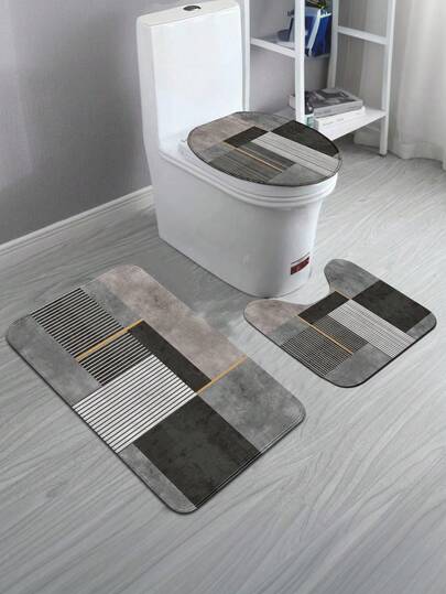 1件/3件套复古摩洛哥几何图案法兰绒浴室垫，柔软吸水防滑浴室地毯套装，包含马桶盖套、U型马桶垫和浴室地垫 - 法兰绒+涤纶材质，可水洗，适用于浴室、淋浴区、梳妆台、客厅、玄关、家居装饰，多用途，四季皆宜，经久耐用。