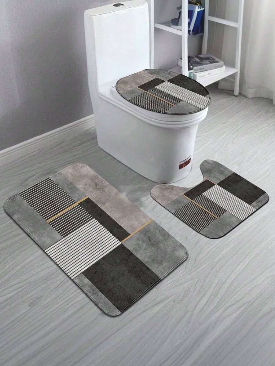 Bộ 1/3 thảm phòng tắm bằng vải flannel họa tiết hình học kiểu Ma-rốc cổ điển, mềm mại, thấm hút tốt và chống trơn trượt, bao gồm cả tấm phủ nắp bồn cầu, thảm chữ U cho bồn cầu và thảm trải sàn phòng tắm - Chất liệu: Flannel + Polyester, có thể giặt, thích hợp cho phòng tắm, khu vực tắm vòi sen, bàn trang điểm, phòng khách, lối vào, trang trí nhà cửa, đa năng, bền bỉ suốt bốn mùa. - A - Xem 1