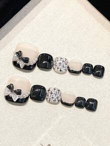 12片装 Y2K 手工按压式脚趾甲，黑色，法式风格，立体蝴蝶结图案，小巧香氛，可爱可拆卸，适合女性和女孩日常舞会佩戴，美甲礼品包含脚趾甲果冻胶和摩擦条。 - 彩色 - 查看 3