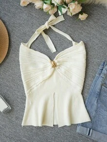 2026 Spring/Summer New Sexy Metal Buckle Twist Halter Neck Knit Camisole Top, Slim Fit Revealing Slit Casual Versatile Layering Undershirt For Girls & Young Ladies - Apricot - View 7