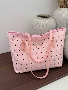 Large Capacity Handbag For Women, New Arrival Bow Decor Minimalist Fashion Korean Style Fresh Commuting Shoulder Tote Bag - Pink - View 5