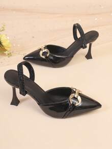 Women's Black Patent Leather Pointed Toe Mules, Lightweight Luxury Commuter Style With Metal Buckle Elastic Strap, Stiletto High Heel, Stable And Elevated, Suitable For Commuting, Dating, Shopping, Evening Party, Daily Wear - Black - View 6