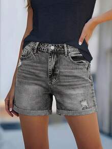 Washed Faded Solid Color Women's Short Casual Vacation Denim Shorts, With Practical Zipper And Pockets, Rolled Hem, Straight Leg Summer - Light Grey - View 3