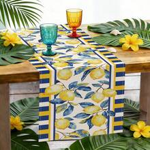 Taplak Meja Musim Panas Motif Pohon Lemon & Lebah, Dekorasi Meja Makan Dapur Liburan Musiman Cocok untuk Pesta di Rumah dan Dalam Ruangan - Biru Kuning - View 9