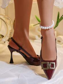 1 par de sandalias de tacón alto, parte superior de unicolor con decoración de hebilla de metal dorado, diseño de correa trasera, tacón de aguja con punta afilada, sandalias de cuña elegantes, adecuadas para fiestas, compras, viajes, vacaciones, uso al aire libre, nuevo estilo de verano - Rojo - Ver 7