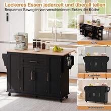 Mobile Kitchen Island 120*45cm, Kitchen Trolley, Worktop Extendable Up To 70cm, Concealed Cutlery Drawer, Adjustable Shelves, Spice Rack And Towel Rail, Suitable For The Kitchen, Dining Room Or Living Room - 黑色+自然木色 - 查看 5