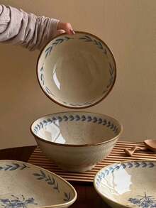 1 Set New Chinese Style Blue Painted Tableware, Highly Attractive Vintage Floral Asymmetrical Tableware, Freesia Series Plates, Breakfast Dessert Bowls, Vegetable Salad Mixed Rice Plates, Large Capacity Noodle Bowls, Suitable For Home, Restaurant, Cafe, Dessert Shop, Gift, Gathering, Party - Blue - View 6