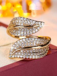 1件奢华双叶全镶钻开口戒指，优雅时尚全镶锆石壁龛设计百搭配饰 - 開口戒指 - 查看 8