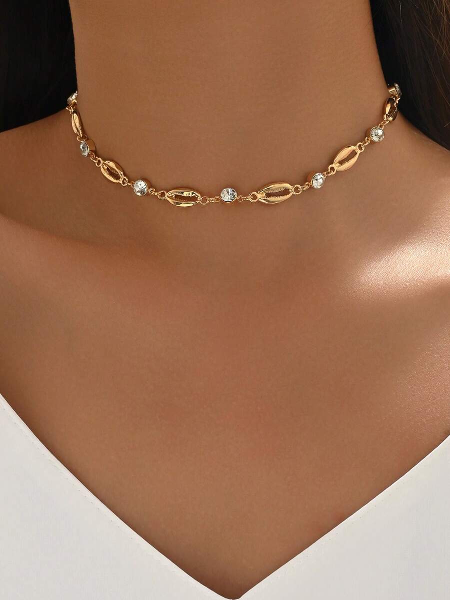 1pc Niche Design Rhinestone & Tooth Pendant Necklace, Basic Single-Layer Gold Color Neck Jewelry, Fashionable For Daily Wear, Party, Vacation, And Dates - Multicolor - View 1
