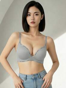 亚洲小胸A/B罩杯加厚无缝无钢圈提拉聚拢文胸，防下垂，适合娇小身材 - 灰色 - 查看 1