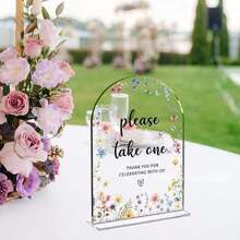 1pc Elegant Floral Wedding Sign - Curved Tabletop Decor With "Please Take One" Text, Pastel Floral Pattern (Pink, Yellow, Green) - Lightweight Acrylic Wedding Party Decoration, Suitable For Welcoming Reception, Bridal Shower, Anniversary - Easy To Install - A - View 2