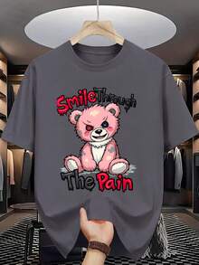 Nuevas camisetas casuales de primavera y verano para hombre, de cuello redondo y a la moda, hechas de tejido de punto de poliéster, ligeramente elásticas, de corte regular, con un diseño de oso rosa y el mensaje "Face Pain with a Smile", adecuadas para uso adulto. - azul real - Ver 6