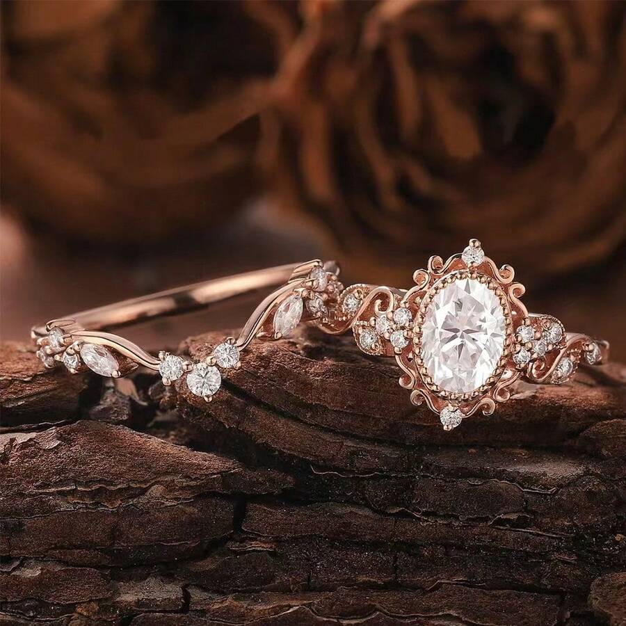 1 Set Of Retro Oval Moissanite Stackable Ring Set | Rose Gold Flower Vine Vine Engagement Bride Ring Set - Bộ nhẫn hai mảnh hình hoa, vàng hồng, đính kim cương trắng hình bầu dục. - Xem 1