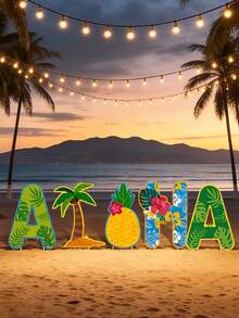 5件/1件 Aloha 庭院裝飾牌 Aloha 衝浪板標誌，夏威夷 Aloha 標誌套組－鮮豔熱帶設計，含棕櫚樹、鳳梨與花卉，耐用塑膠庭院裝飾，適用草坪、露台或花園，戶外裝飾 - A - 查看 1