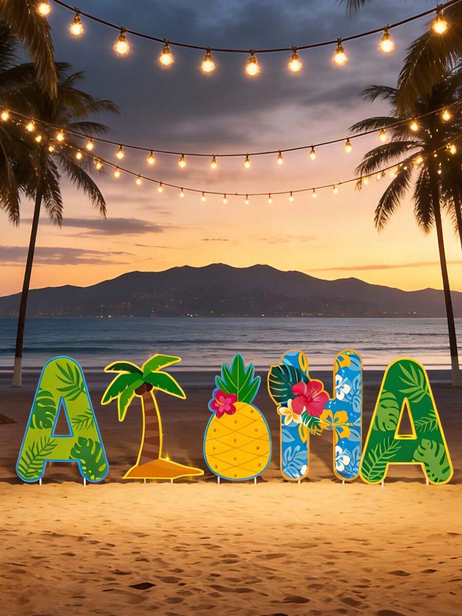 5件/1件 Aloha 庭院裝飾牌 Aloha 衝浪板標誌,夏威夷 Aloha 標誌套組-鮮豔熱帶設計,含棕櫚樹、鳳梨與花卉,耐用塑膠庭院裝飾,適用草坪、露台或花園,戶外裝飾 - A - 查看 1