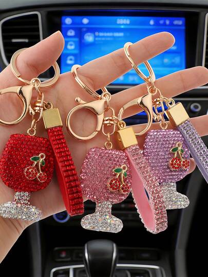 女士时尚迷你水钻酒杯钥匙扣，精致闪亮樱桃钥匙圈，创意钻石设计简约汽车钥匙/包包配饰，适合派对、鸡尾酒会、母亲节礼物